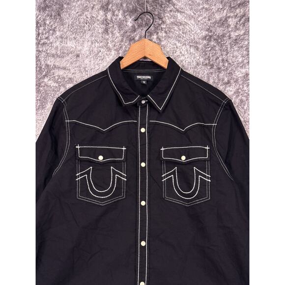 True Religion Big T Western Shirt Large Mens Black Pearl Snap Long Sleeve - Picture 2 of 9